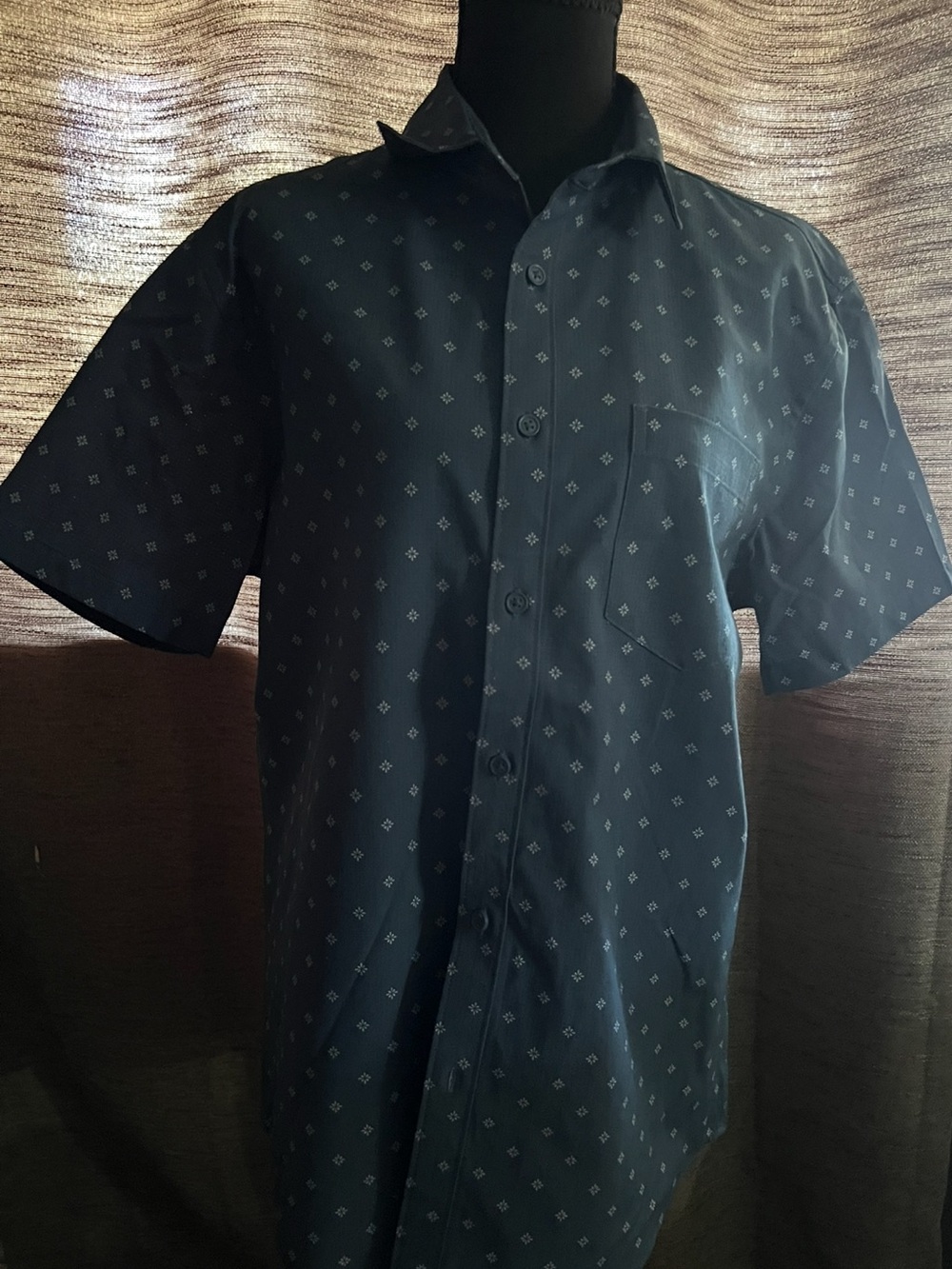 Men's Short-Sleeve Navy Button-Down Shirt with Micro Diamond Print